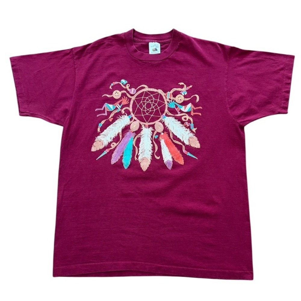 Vintage 90s Dreamcatcher Kokopelli Glitter Art Aboriginal Graphic Maroon T-shirt